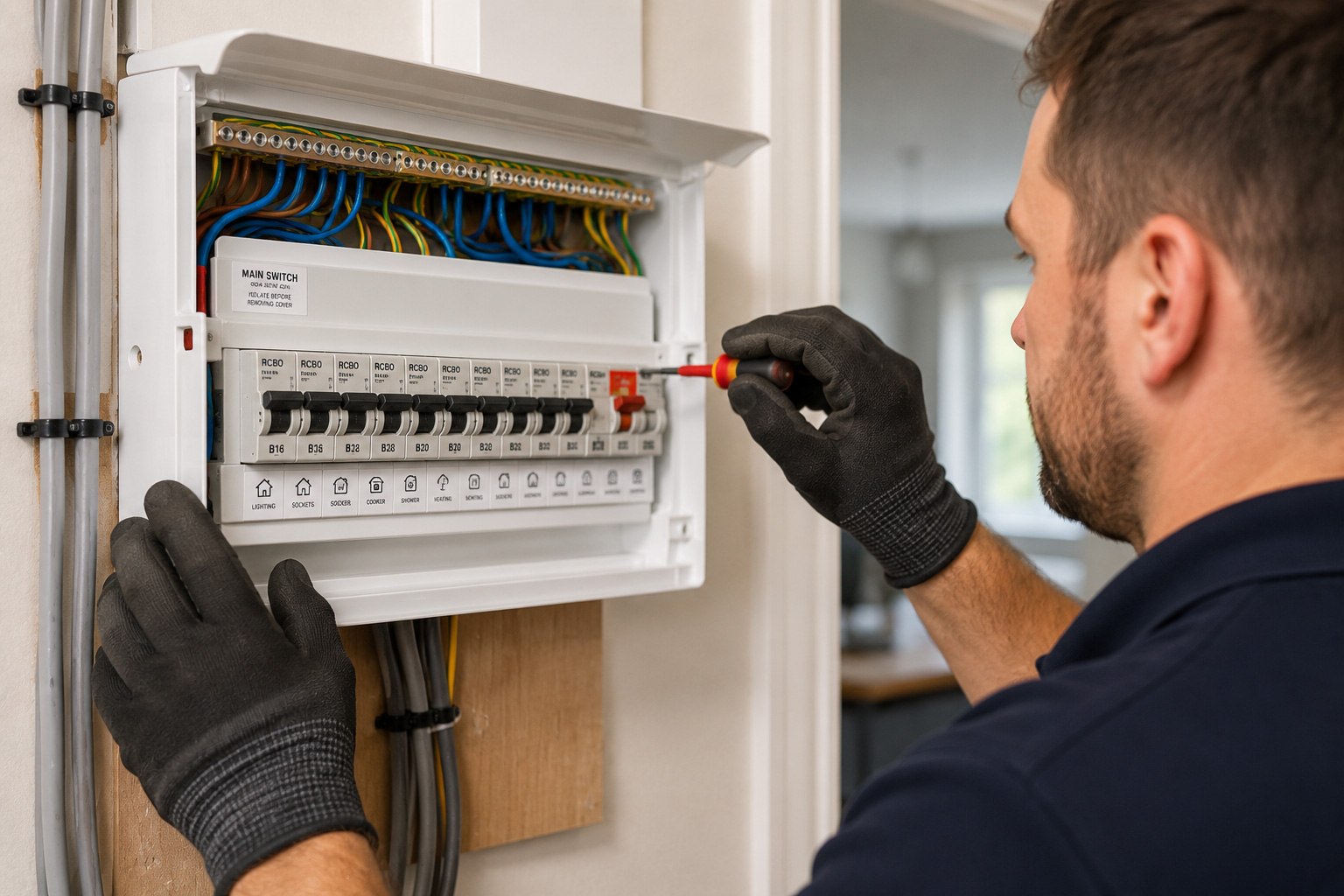 Consumer unit upgrade in East Sussex showing modern fuse box installation by electrician