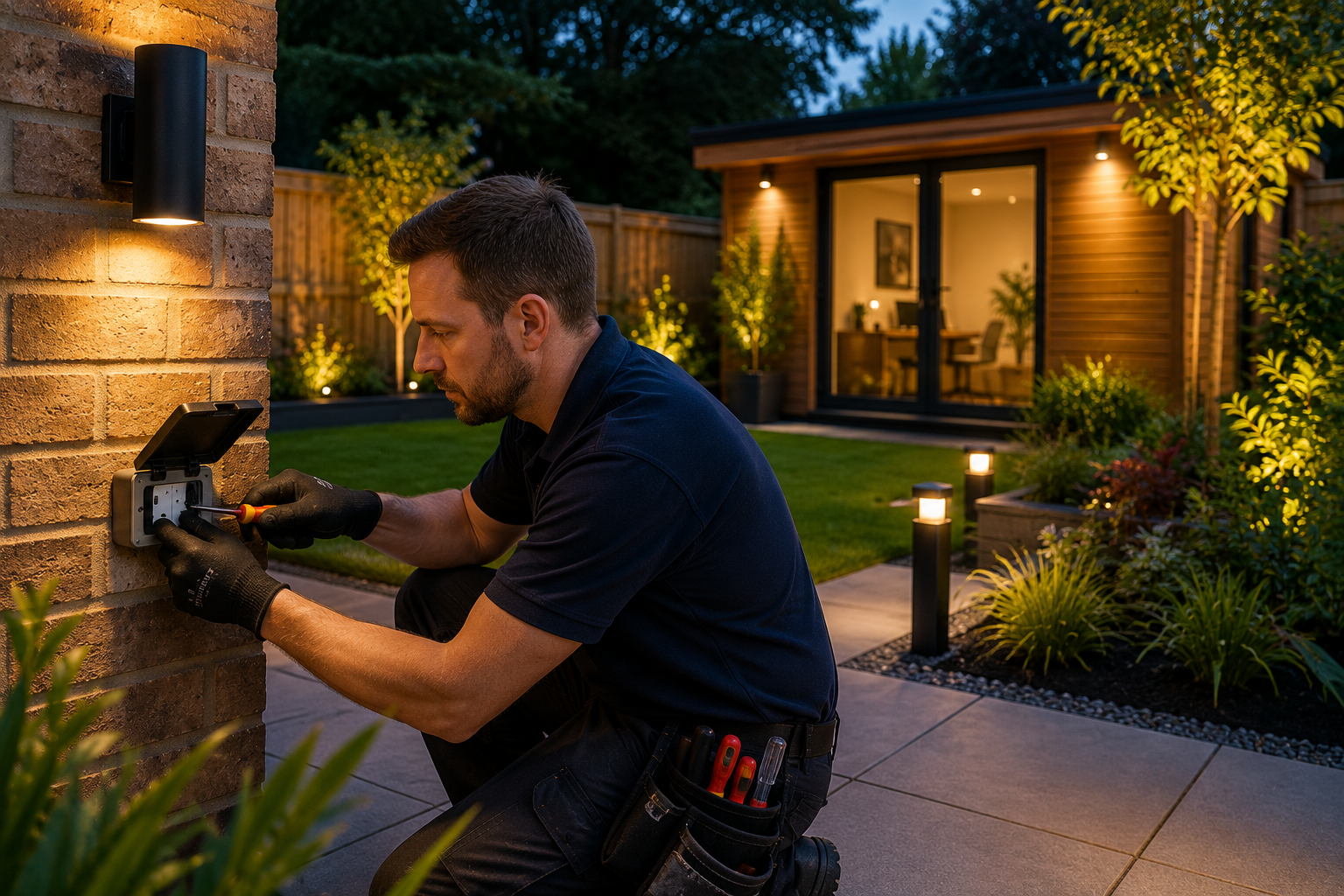 Outdoor power and garden electrics installation in East Sussex with garden lighting and outdoor sockets