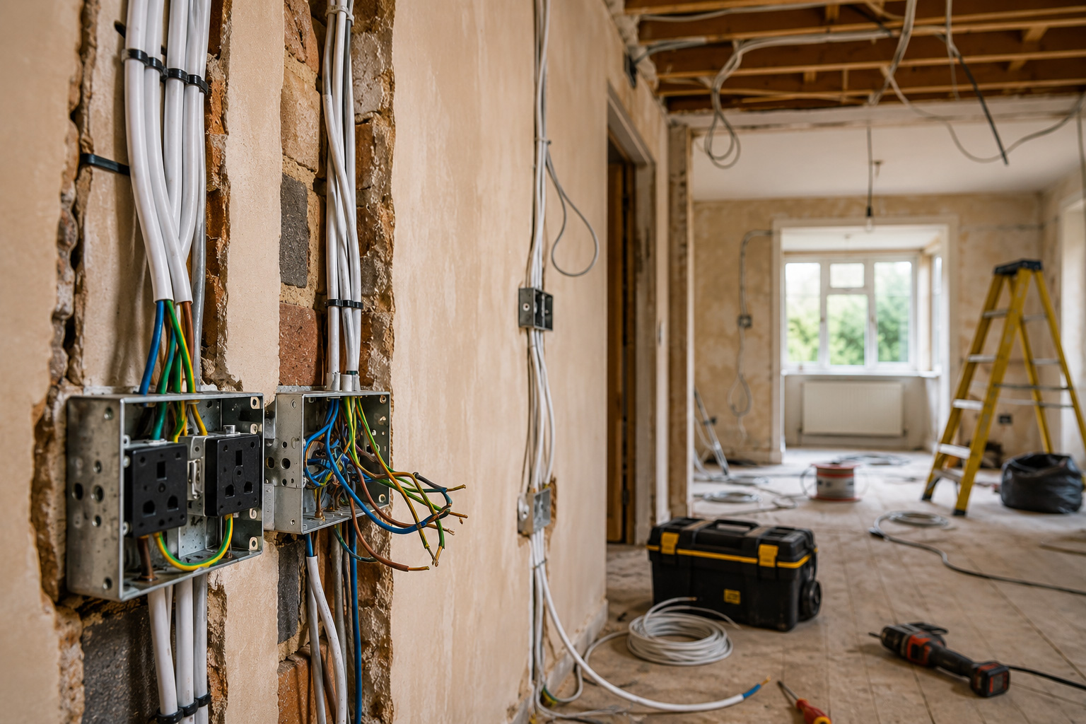 House rewiring in East Sussex with exposed electrical wiring and socket installation