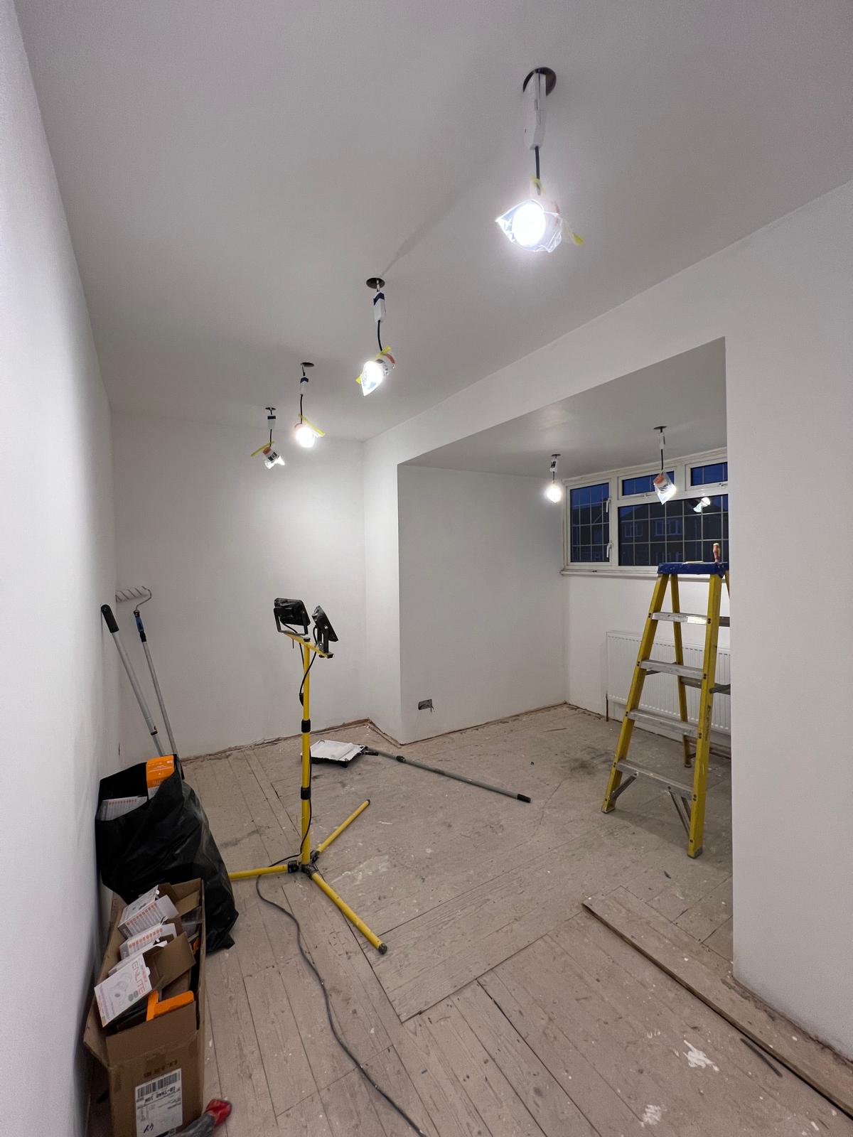House rewiring in East Sussex with exposed electrical wiring and socket installation